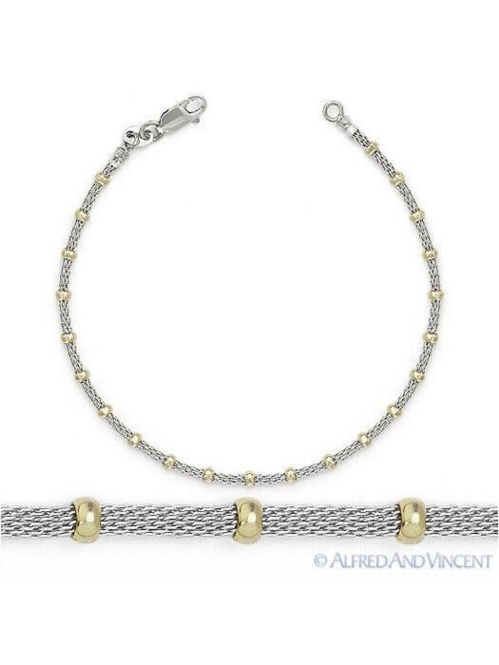 Bead & Mesh Chain Bracelet in .925 Sterling Silver w/14k Yellow Gold - 7.5"